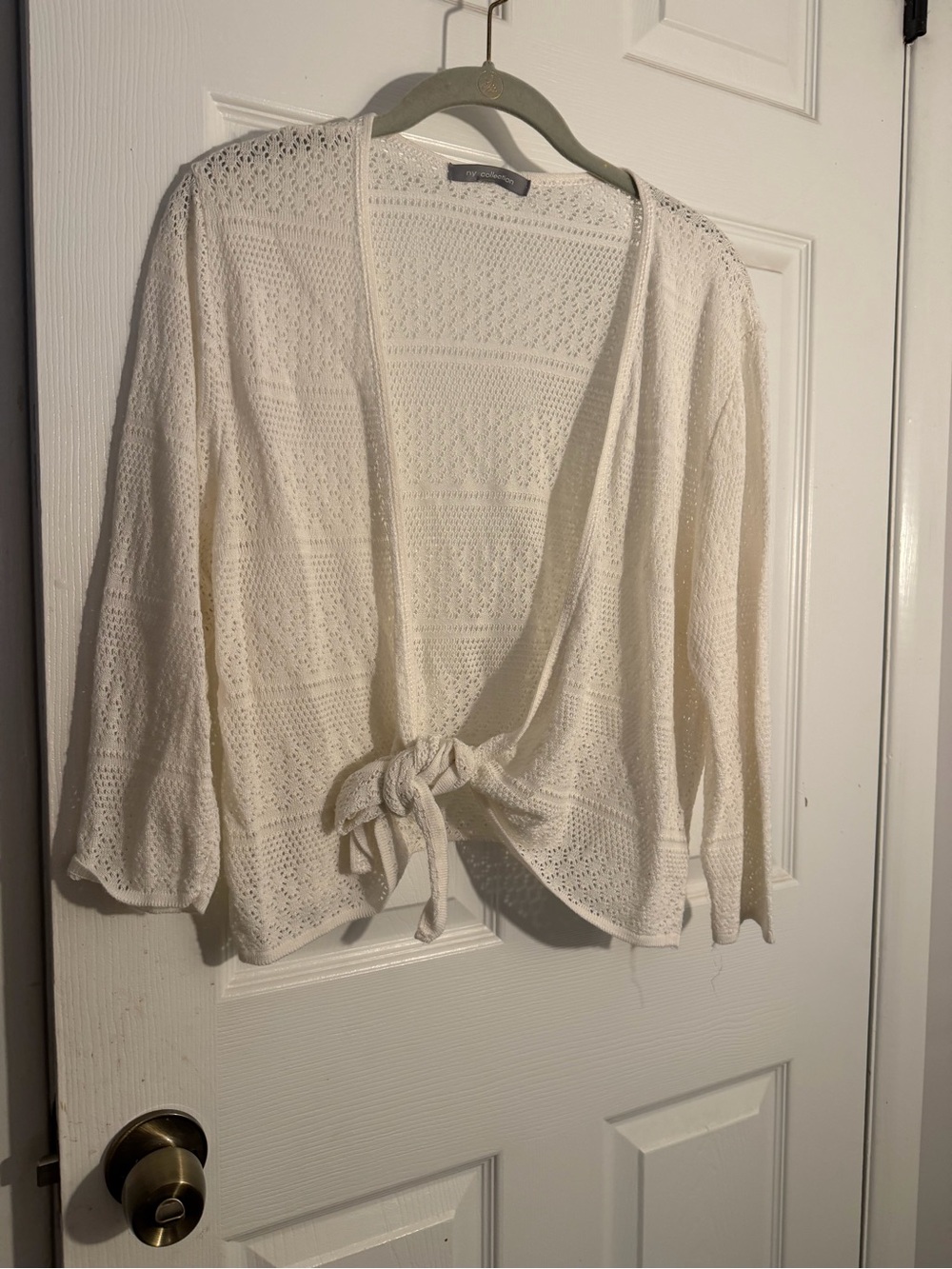 NY Collection Cream Open-Knit Tie-Front Cardigan